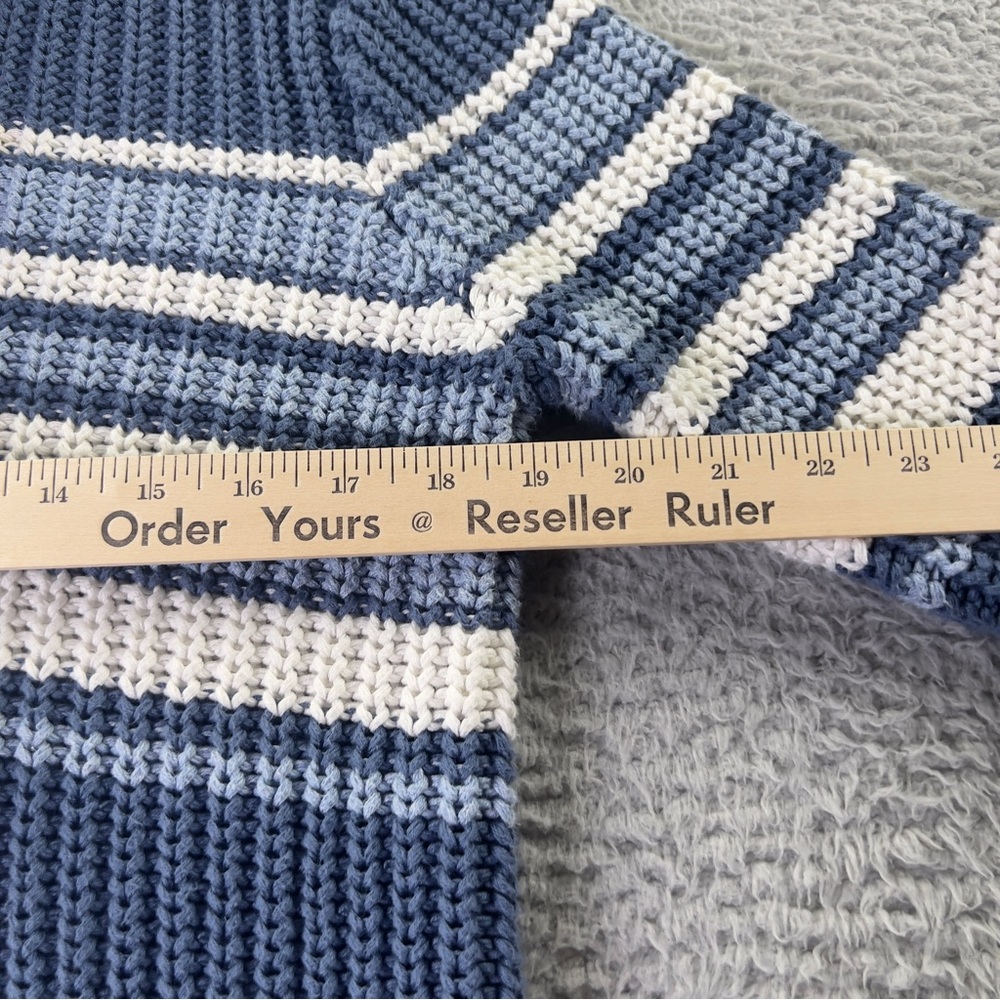 LL Bean Sweater Womens Medium Blue Striped 1/4 Snap Mock Neck Chunky Knit Cotton - Picture 8 of 8